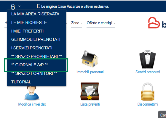 Menu con la voce Giornale A/P
