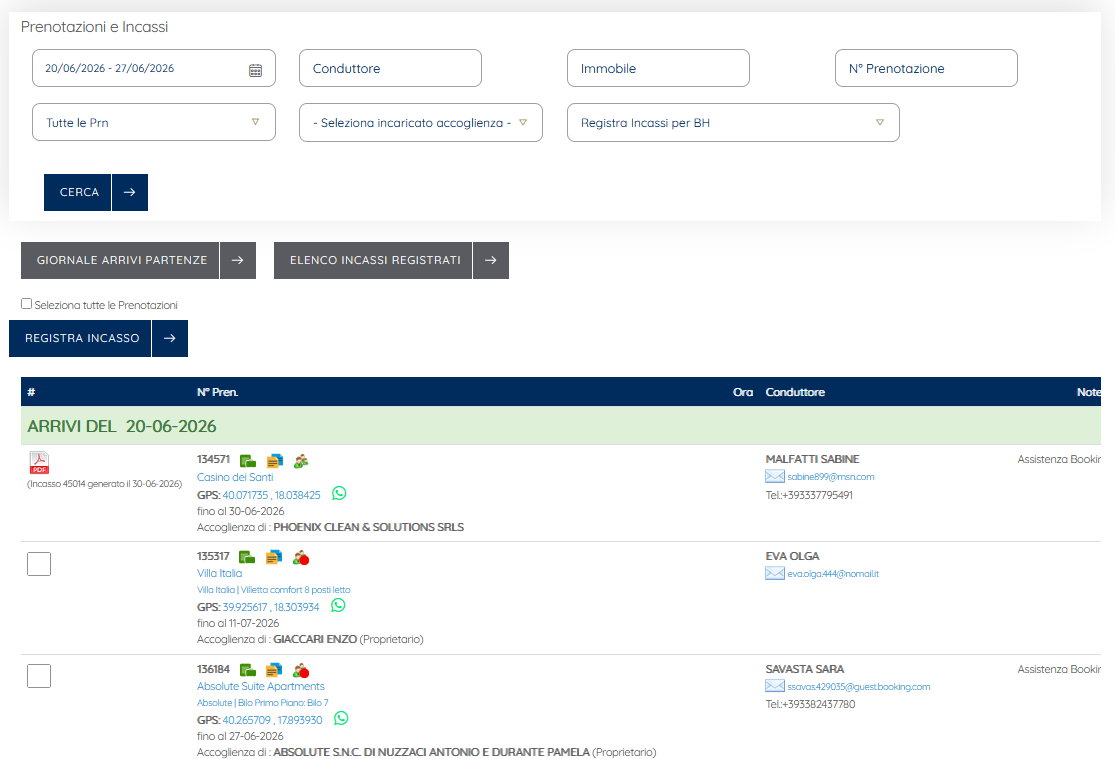 Prenotazioni e incassi - vista admin