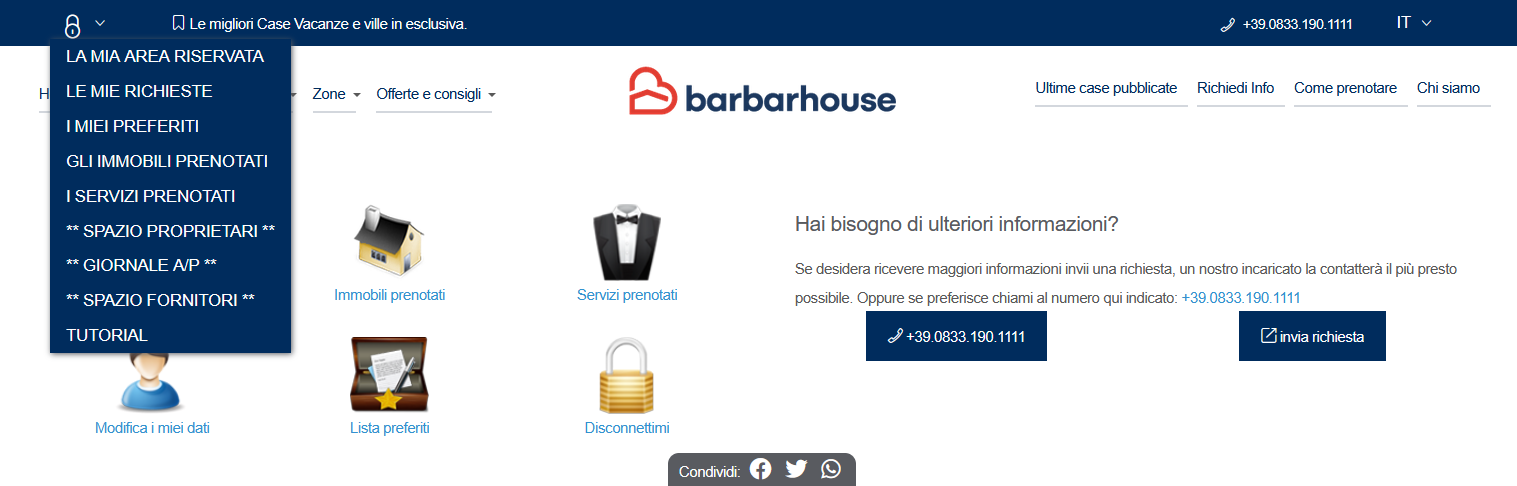 Menu area riservata con le voci Spazio Proprietari, Giornale A/P, Spazio Fornitori
