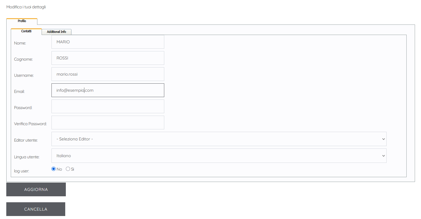 Modifica dati personali - tab Contatti